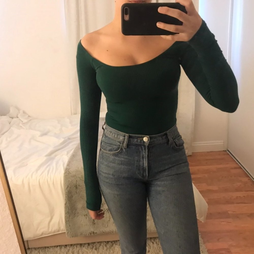 Reformation off the shoulder long sleeve green top